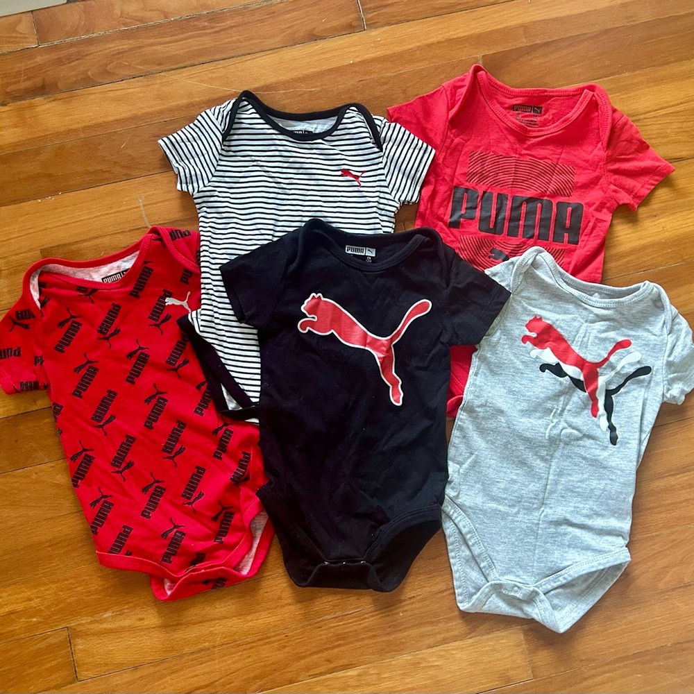 PUMA 12M Baby Onesies | Like-new Set of 5 | Red, Black, White, Gray Bodysuits